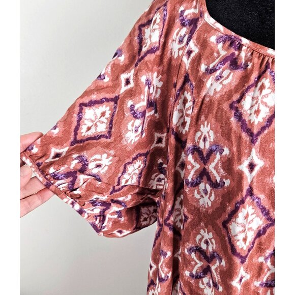 Knox Rose Womens 1X Puff Short Sleeve Tiered A-Line Dress Boho Rust & White - Picture 7 of 11